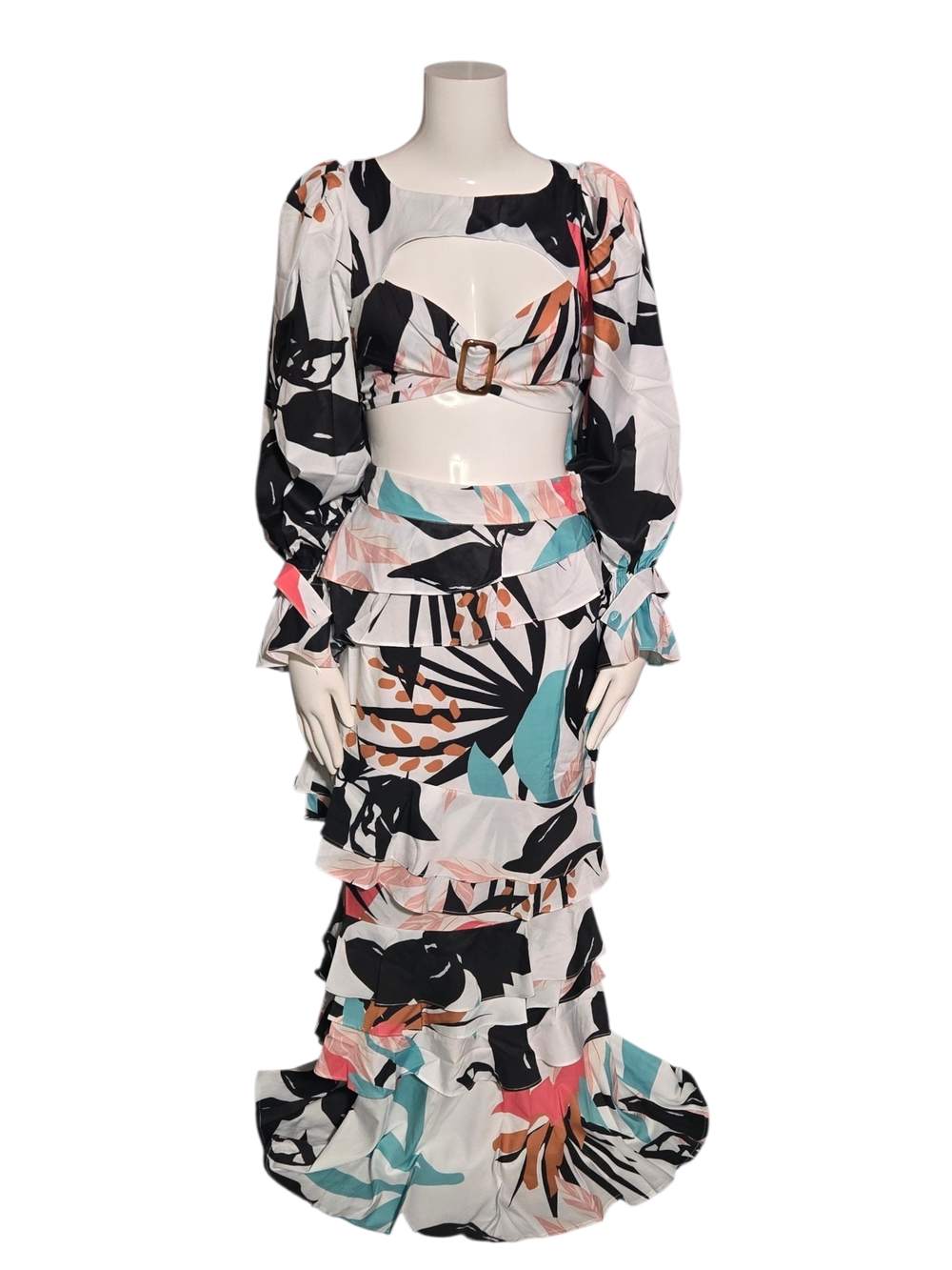 L'ATISTE Floral Cutout Ruffle Two-Piece Set - Black, White, Teal & Coral